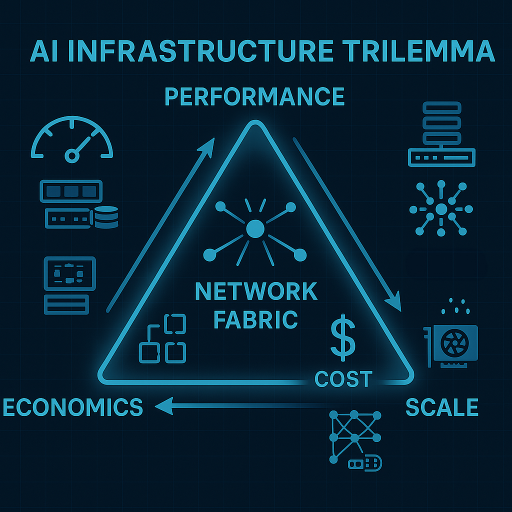A futuristic triangular diagram illustrating the "AI Infrastructure Trilemma" with each point of the triangle representing one of the three forces: Performance (shown with speedometer icons), Scale (shown with expanding node clusters), and Economics (shown with dollar symbols and cost metrics). The diagram highlights the tension between these forces with bidirectional arrows connecting them. The center shows a network fabric struggling to balance all three elements. The visual style is clean, technical, and professional with a blue/teal color scheme and subtle digital grid background. Include small illustrations showing the tradeoffs described in the article: specialized high-performance networks at the performance-scale edge, limited cluster sizes at the performance-economics edge, and underutilized GPUs at the scale-economics edge.