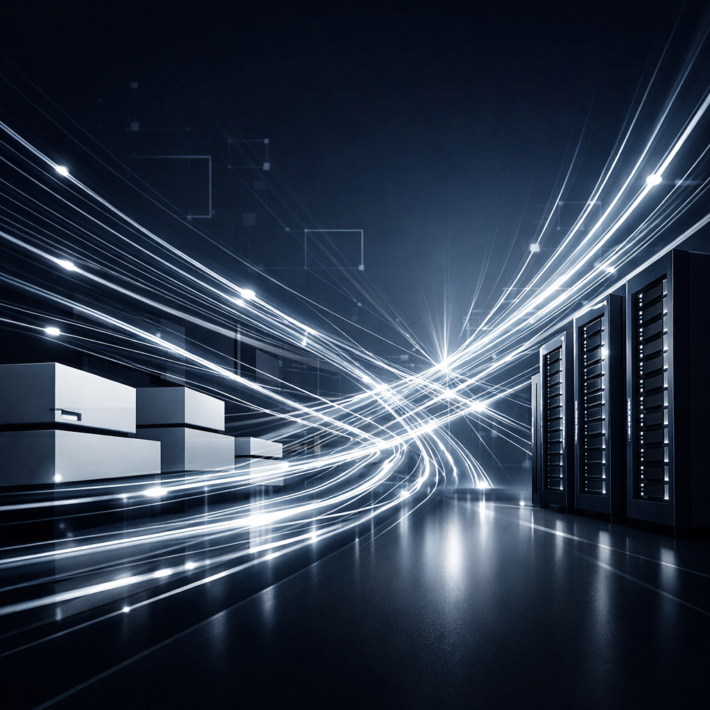 3D abstract illustration of a hyperscale AI data center network fabric a dynamic lattice of luminous data threads weaving through minimal whitebox swi